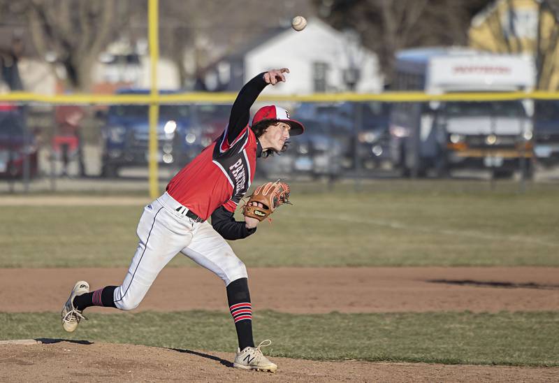 Erie-Prophetstown’s Reece Duncan throws a pitch against Rock Falls Monday, March 27, 2023.