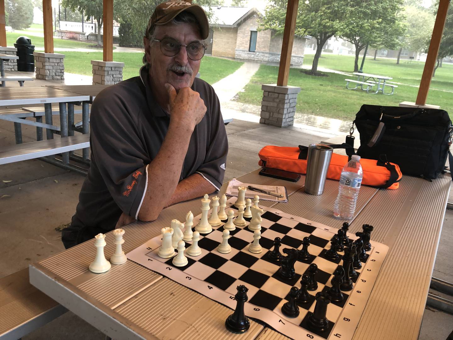 Jeff Varda waits for his first chess opponent at McHenry's Veterans Memorial Park on Tuesday, Sept. 20, 2022. The group of chess players is seeking in indoor space for their game nights.