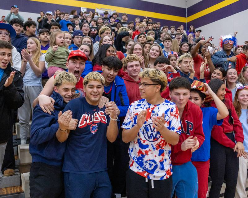 Mendota's student section celebrates a successful 3rd quarter on Friday, January 30, 2026 at Mendota High School in Mendota.