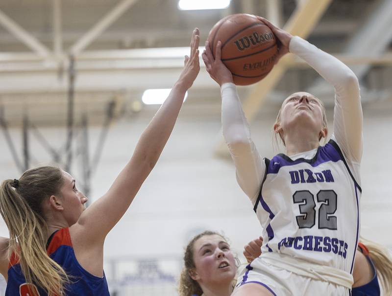 Dixon’s Makenzie Toms puts up a shot against Eastland Wednesday, Jan. 24, 2024 at Dixon High School.