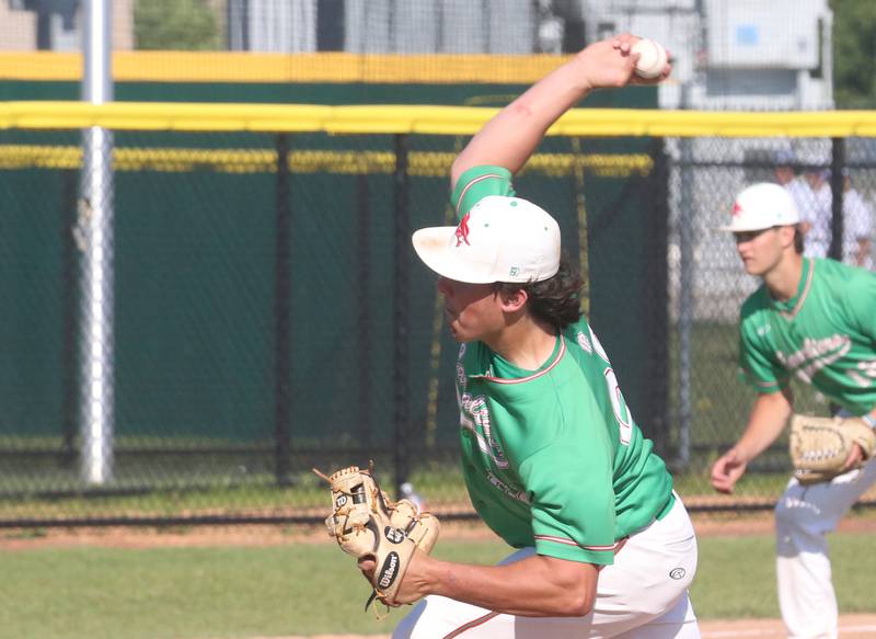 L-P's Josh Senica lets go of a pitch to Morris during the Class 3A Regional semifinal game at Huby Sarver Field in La Salle.