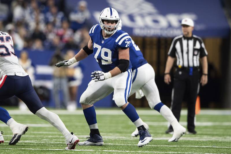 Indianapolis Colts tackle Eric Fisher drops into pass protection during a game against the New England Patriots on Dec. 18, 2021 in Indianapolis.
