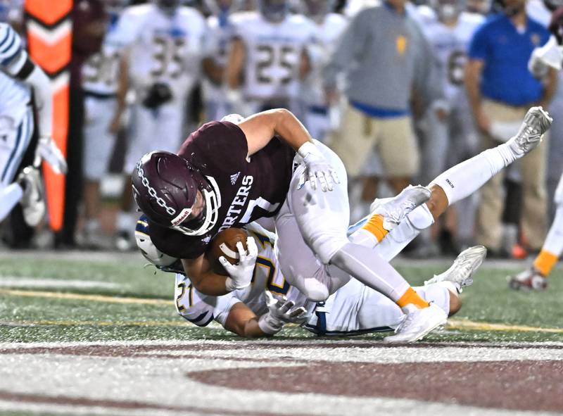 Lockport's Tyler Pospisil catches a pass for a first down during a non-conference game against Wheaton North on Friday, Sep 06, 2024 at Lockport. (Dean Reid for Shaw Local News Network)