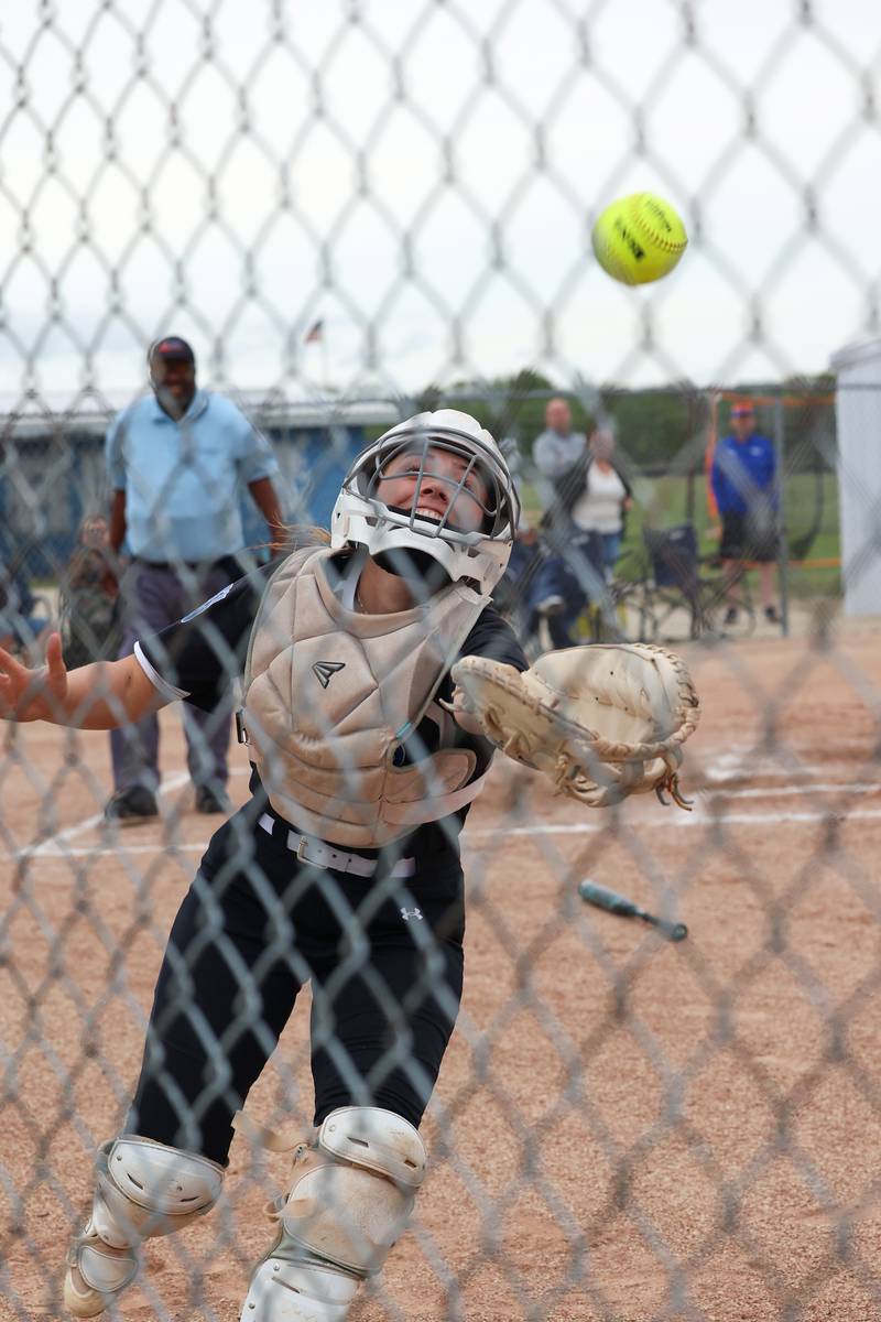 Clifton Central catcher Keira Donnelly attempts to dive for a foul ball during Central's 9-3 victory over St. Anne in the Class 1A Dwight Regional quarterfinal game at Central High School.