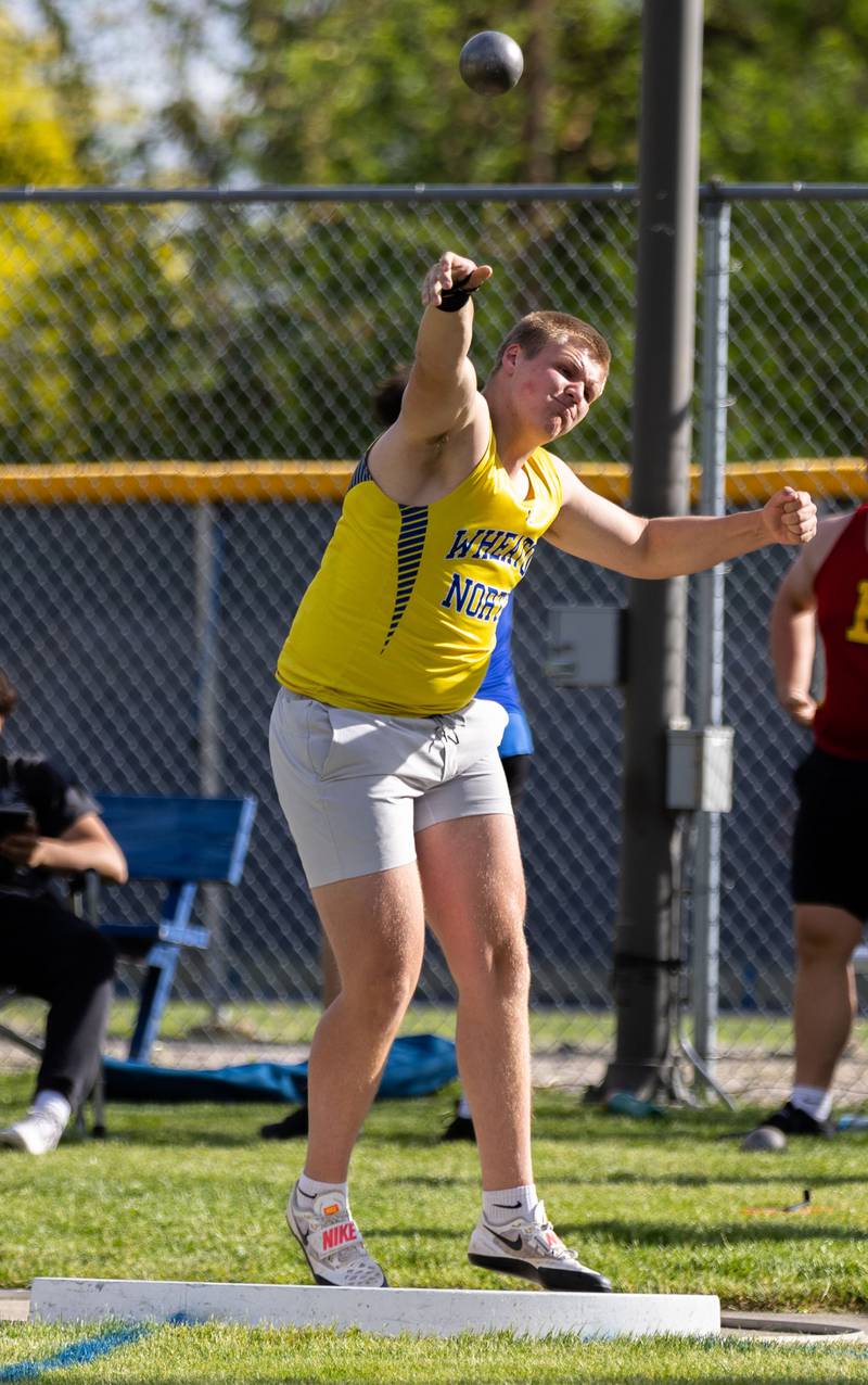 Wheaton North’s Jonathan Hurst participates in varsity shotput during the Dukane Conference Boys Track and Field Meet hosted by Lake Park High School in Roselle on Friday, May 16, 2025.