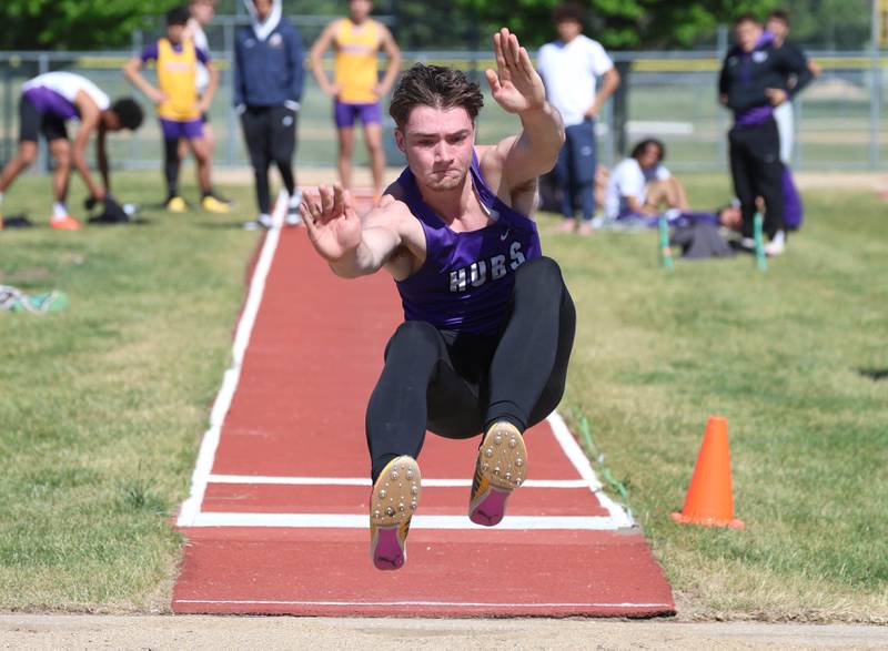 Rochelle’s Andrew Nuyen takes his attempt at the long jump Wednesday, May 20, 2026, during the Class 2A boys track sectional at Rochelle High School.