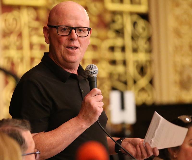 Andy Johnston, president and chief executive officer at Carus speaks during the Carus town hall meeting on Wednesday, May 10, 2023 in Matthiessen Auditorium at LaSalle-Peru Township High School.