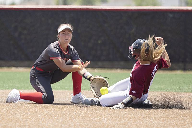 Antioch’s Miranda Gomez safely steals second at the ball gets away from Charleston’s Blair Ritchey Friday, June 9, 2023 in the class 3A state softball semifinal.