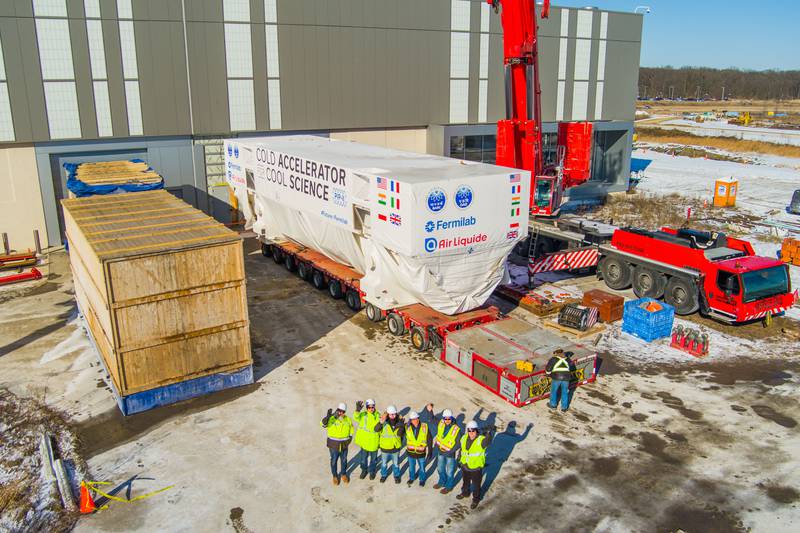 Fermi National Accelerator Laboratory (Fermilab) moved a 95-ton coldbox on Wednesday, Jan. 15, 2025, following a two month journey from France to Batavia. The coldbox is a crucial piece of equipment for the lab’s new Proton Improvement Plan II (PIP-II) particle accelerator project.