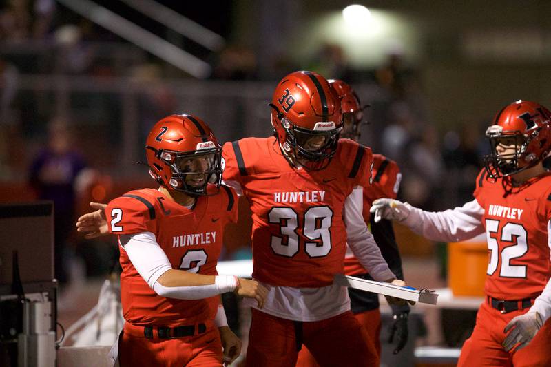 Huntley celebrates a touchdown against Jacobs on Friday, Sept. 23,2022 in Huntley.