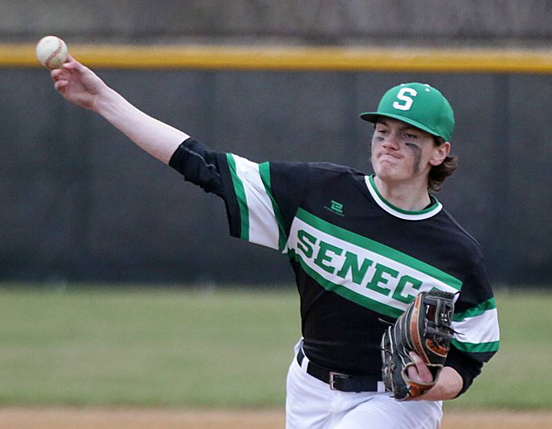 Seneca's Matt Cruise (1) delivers a pitch to a Henry-Senachwine batter on Monday, April 5, 2022, in Seneca.