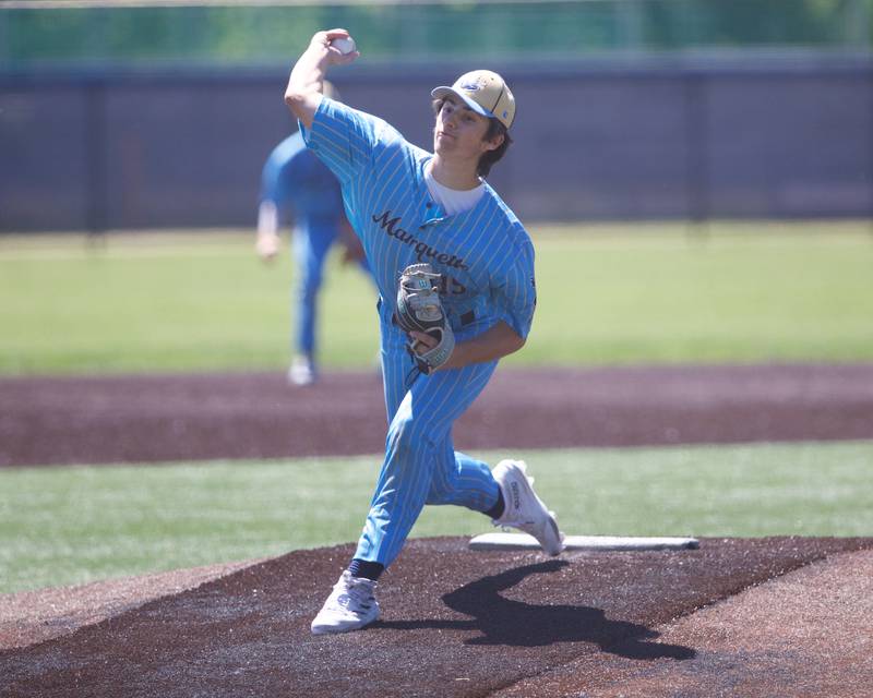 Marquette's Alle Novotney delivers a pitch again Harvest Christian  at the Class 1A Sectional Final on Saturday May 25, 2024 in Elgin.