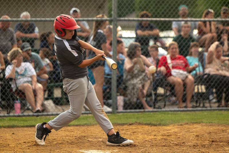 Elliott Volkman (9) of Winterrowd Funeral connects Wednesday, June 25, 2025, at Southside Park in Streator.
