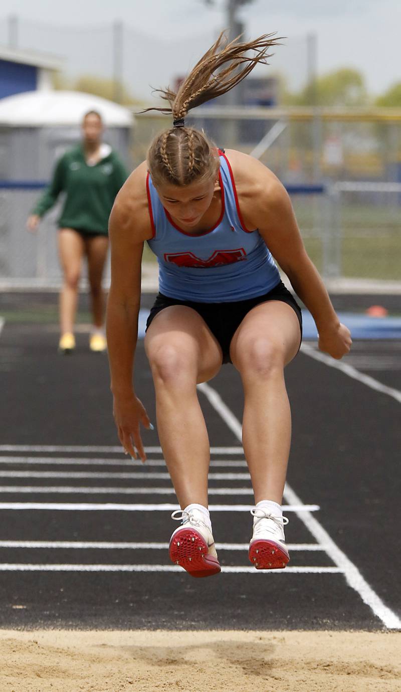 Marian Central’s Addie Leitzen competes in the triple jump during the IHSA Class 2A Johnsburg Girls Track and Field Sectional Meet on Wednesday, May 13, 2026, at Johnsburg High School.
