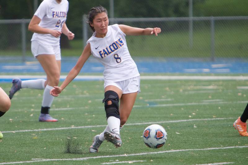 Wheaton North's Claudia Kim kicks the ball down field against St. Charles East at the Class 3A Regional Final in Wheaton on May 20,2022.