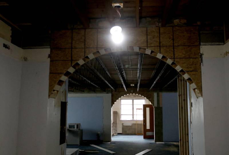 A hallway in the former Ridgefield schoolhouse at 8617 Ridgefield Road, near Crystal Lake, on Wednesday, May 21, 2025. Brent Hollenberg plans to turn the schoolhouse into a six-unit Airbnb. The building was last the home of the McHenry County Jewish Congregation.