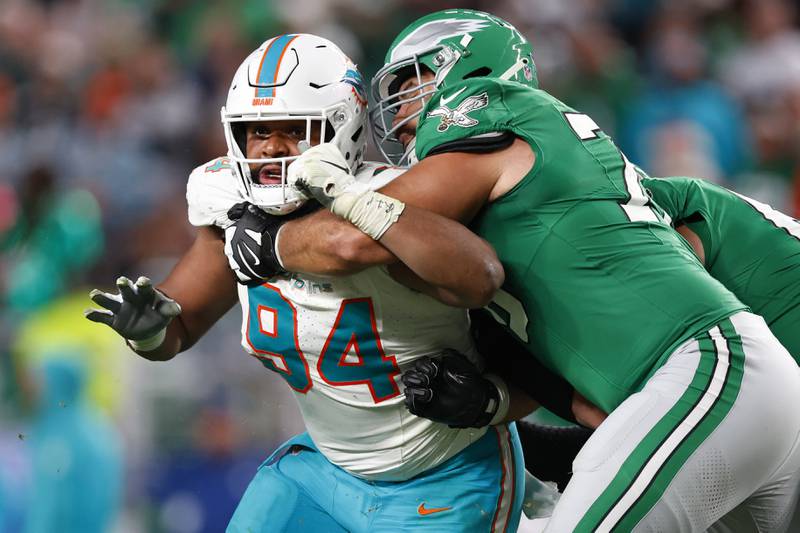 Miami Dolphins defensive tackle Christian Wilkins in action against Philadelphia Eagles guard Sua Opeta (78) during an NFL football game, Sunday, Oct. 22, 2023, in Philadelphia.