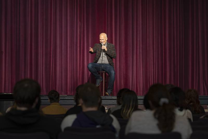 Franc D’Ambrosio, the longest running portrayer of the Phantom in the broadway musical “The Phantom of the Opera” speaks to a group of Dixon High School choir and music students Thursday, Feb. 15, 2024. Through his connections with Dixon’s Stage Left, D’Ambrosio gave a Masterclass presentation to the groups and workshopped with three choir students.