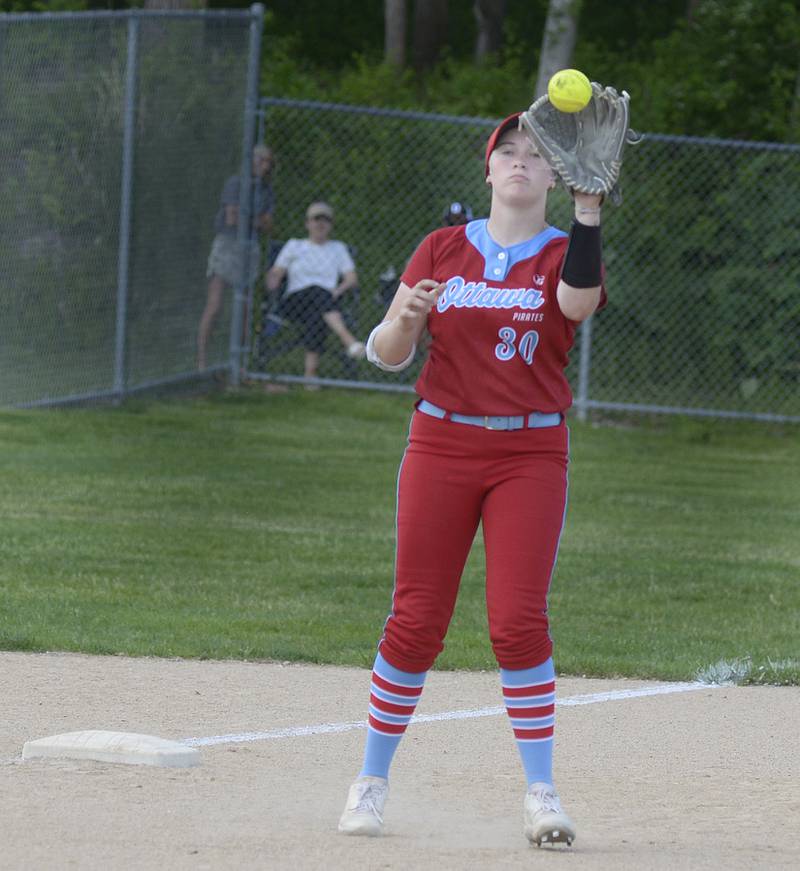 Ottawa 3rd baseman Aubrey Sullivan fields a high hopper against Rochelle Wednesday at Ottawa.