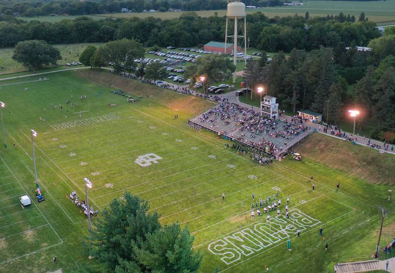 An aerial view of the football field on Friday Aug. 29, 2025 at St. Bede Academy. The St. Bede Bruins hosted the Bureau Valley Storm for the first week of the football season.