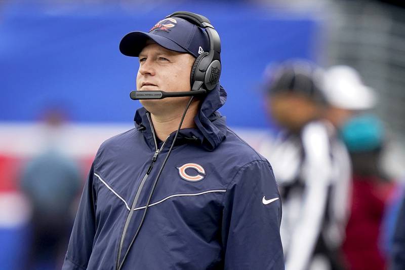 Chicago Bears head coach Matt Eberflus watches play from the sidelines during the second quarter of an NFL football game, against the New York Giants Sunday, Oct. 2, 2022, in East Rutherford, N.J. (AP Photo/John Minchillo)