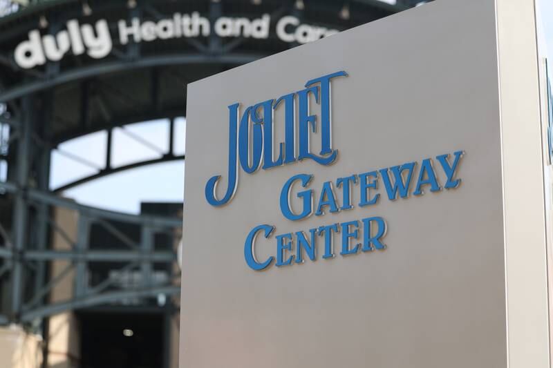 Duly Health and Care Field sits in the background of the Joliet Gateway Center sign on Monday Mar. 4th, 2024 in Joliet.