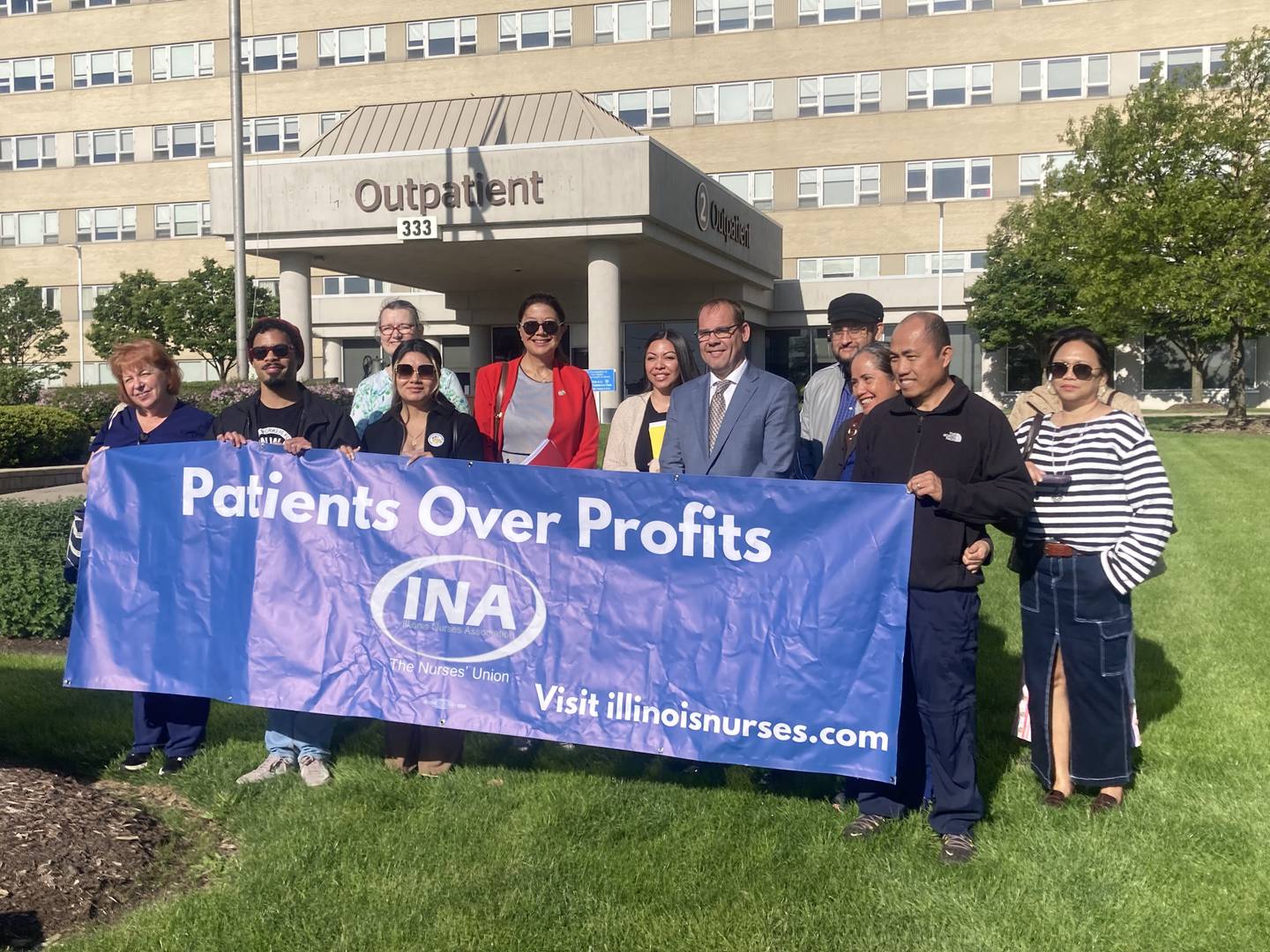 Members of the Illinois Nurses Association held an event opposing Prime Healthcare policies with Aurora Mayor John Laesch and State Senator Karina Villa at St. Joseph Medical Center in Joliet on Monday, May 4, 2026.