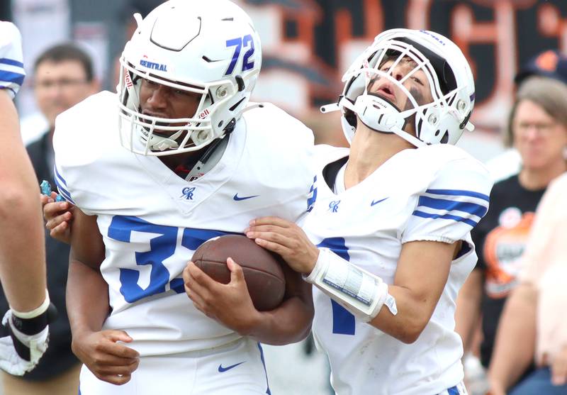 Patrick Kunzer for Shaw LocalBurlington Central’s AJ Jenkins, left, and Ryder Bergemann celebrate a Jenkins touchdown run in varsity football at Crystal Lake Saturday.
