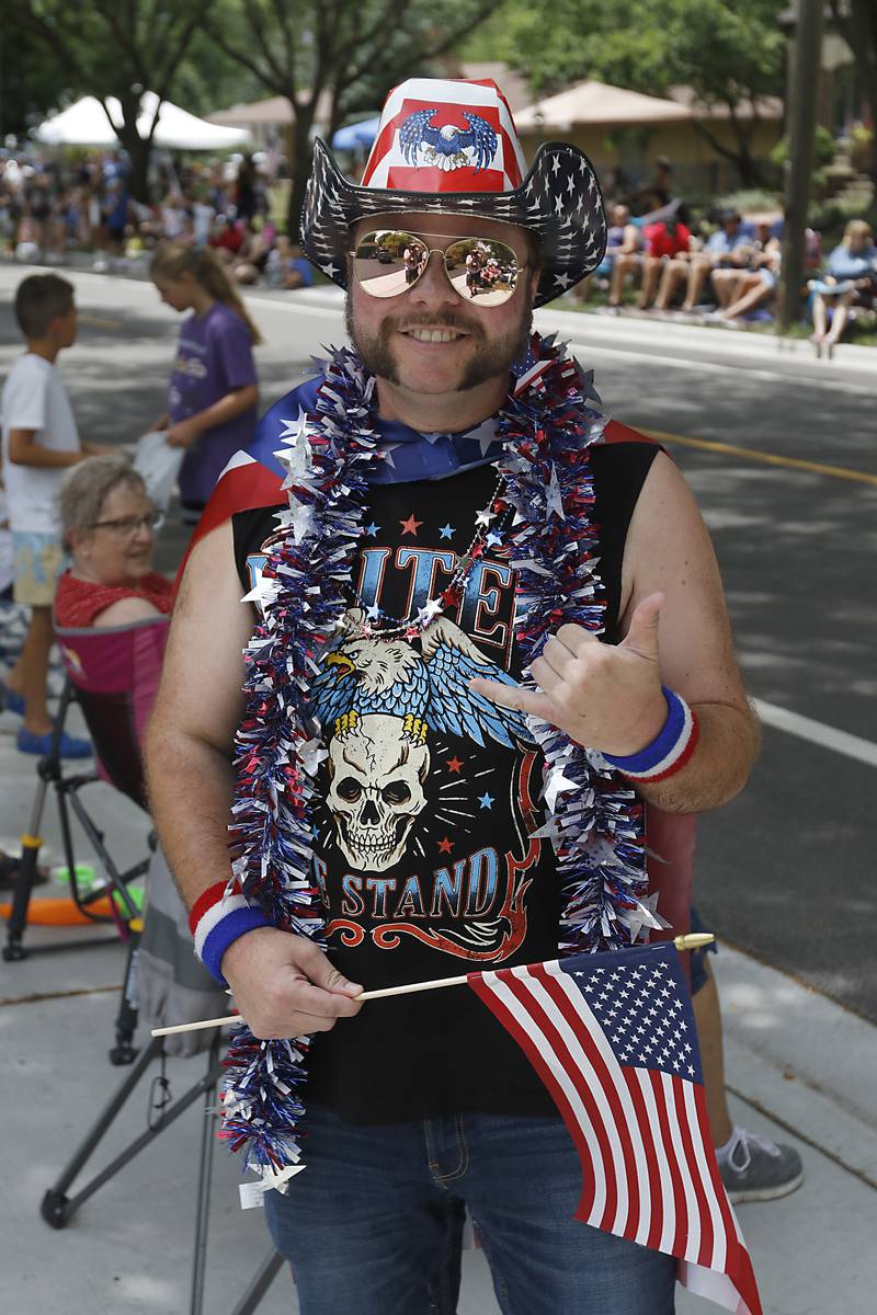 Josh Furst of Crystal Lake sports his patriotic gear on Sunday, July 6, 2024, during Crystal Lake’s annual Independence Day Parade on Dole Avenue in Crystal Lake.
