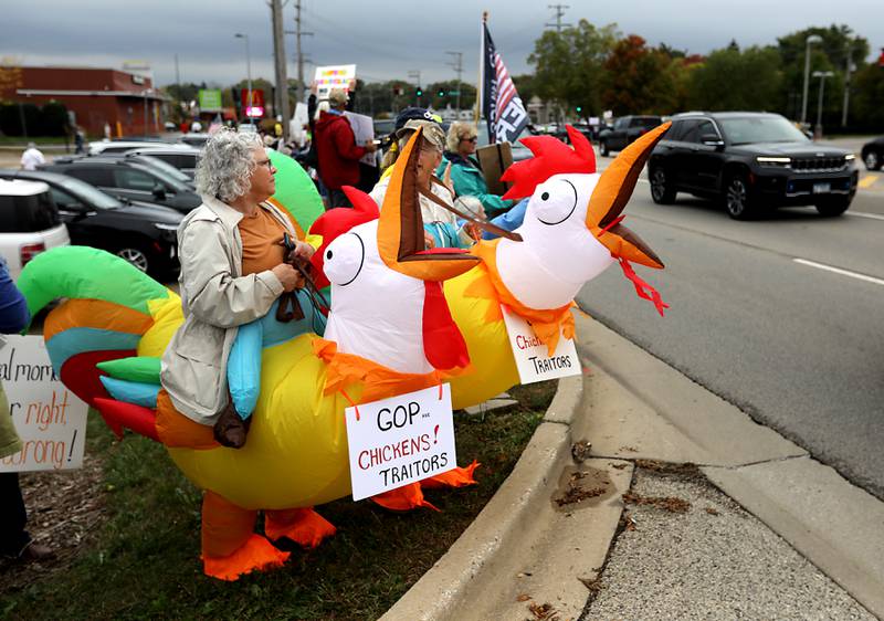 Cousins Gail Yates and Debbie Church wear chicken suits as they protest during a "No Kings” protest rally on Saturday, Oct. 18, 2025, along Route 31 in McHenry. The protest drew thousands of protesters to the area to protest the policies of President Donald Trump.