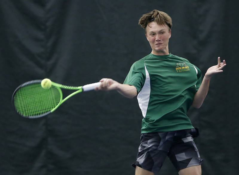 Crystal Lake South’s Jackson Schuetzle returns the ball during his IHSA 1A boys single tennis match against Alton Marguette’s  Stetson Isringhausen Thursday, May 26, 2022, at Heritage Tennis Club in Arlington Heights.