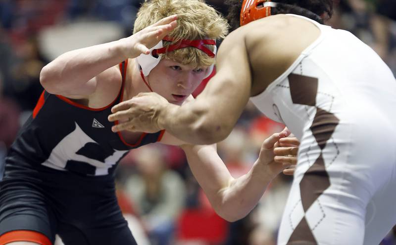 Radic Dvorak of Huntley wrestles Frankie Tagoe of Hersey at 157-lbs during the IHSA 3A Boys Sectional Saturday, Feb. 15, 2025 in Barrington.