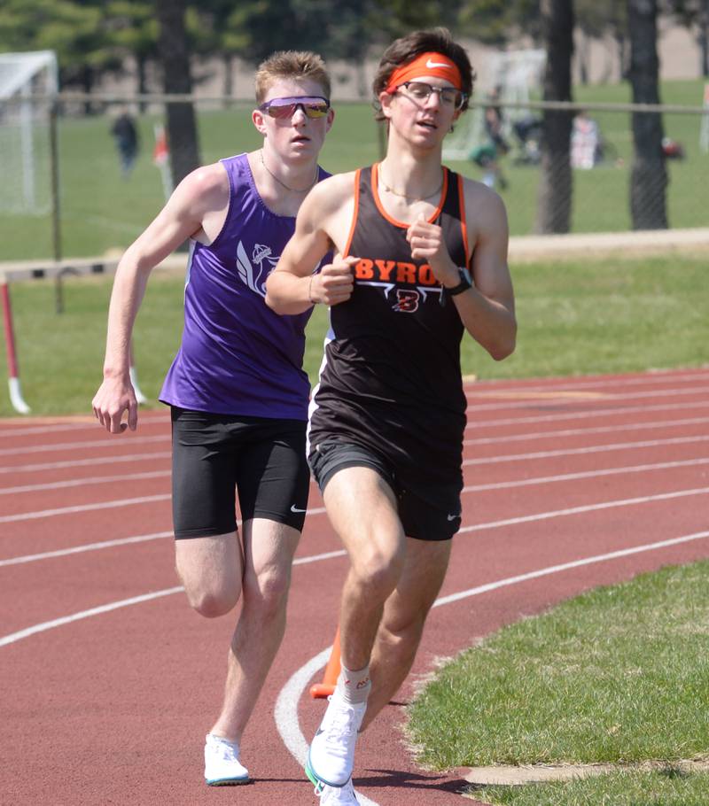 Dixon's Averik Wiseman and Byron's Tim Starwalt run the 3200 meters at the Gebhardt-Worley Invitational at Oregon High School on Saturday, April 12, 2025. Whiteman won the event in 10:00.32 edging Starwalt who finished second in 10:00 97.