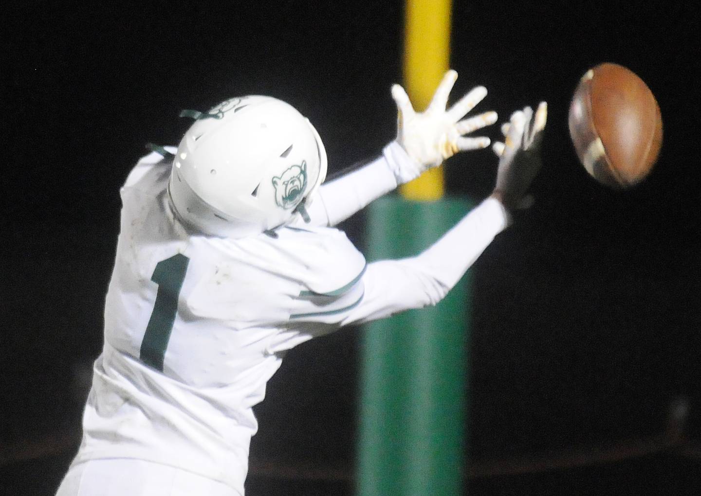St. Bede's Alex Ankiewicz reaches for a pass in the end zone at Seneca on Friday, Oct. 20, 2023.