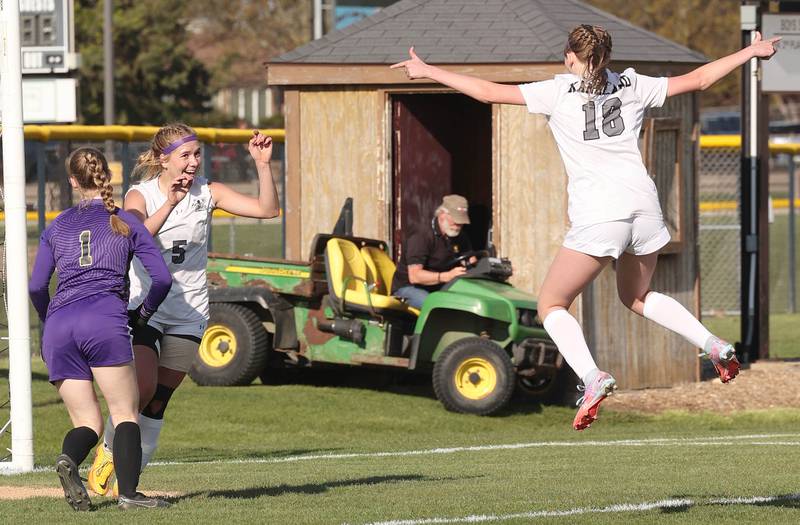 Kaneland's Mallory Nitsche (right) celebrates with Brigid Gannon after Nitsche scored her second goal of the day  Friday, April 28, 2023, during their game at Sycamore High School.