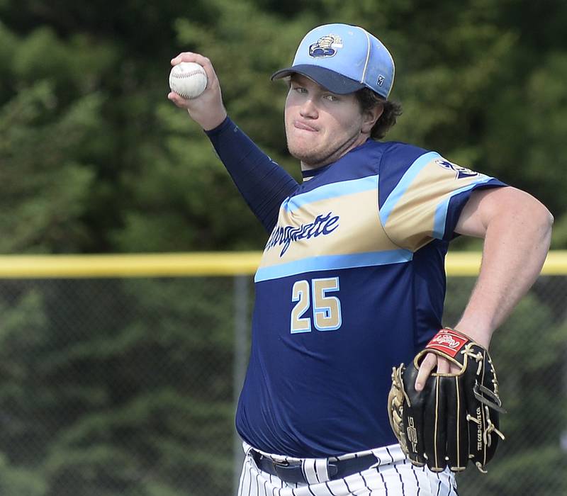 Marquette starting pitcher Aiden Thompson lets go with a pitch against Serena on Wednesday, May 17, 2023 at Marquette.