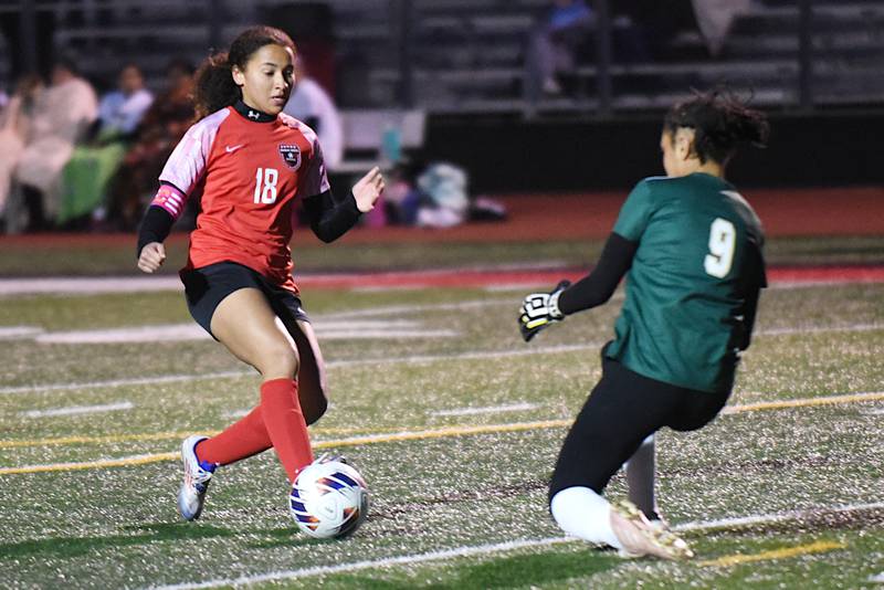 Bradley-Bourbonnais' Nia Lawrence, left, attempts to put a shot past Bishop McNamara's Kaneyce Davis during a game at Bradley-Bourbonnais Tuesday, April 1, 2025.