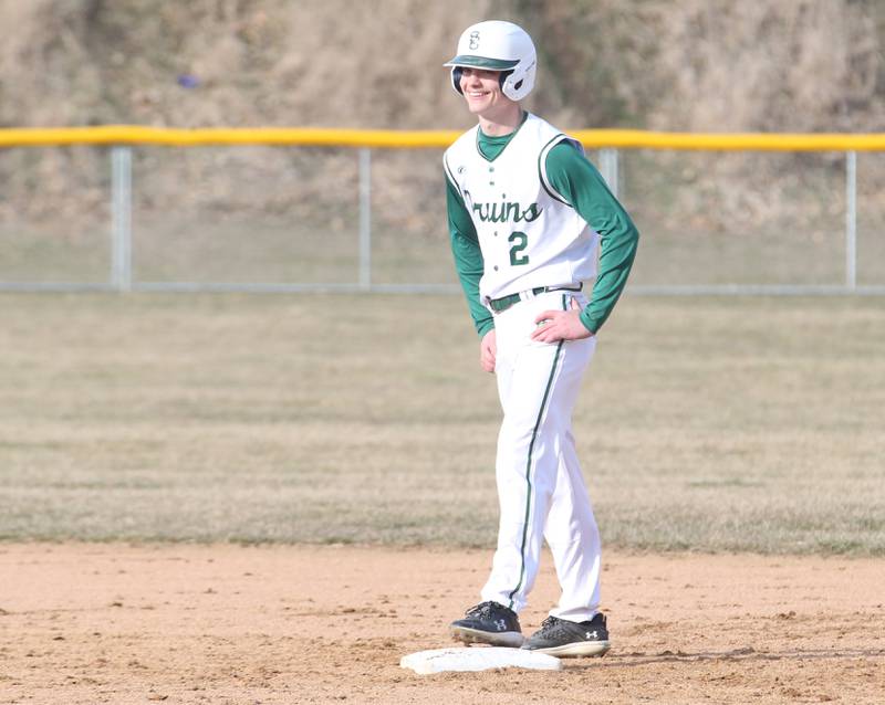 St. Bede's Ryan Brady smiles while standing on second base after driving in a pair of runs against Riverdale on Monday, March 20, 2023 at St. Bede Academy.