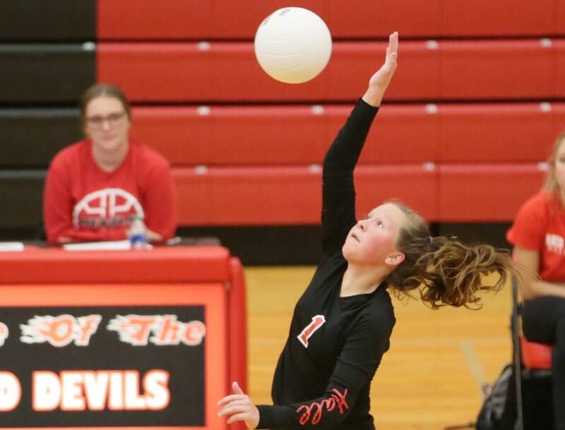 Hall's Haylie Pellegrini hits the ball to the Bureau Valley side of the net in the Class 2A Regional game on Monday, Oct. 24, 2022 at Hall High School in Spring Valley.
