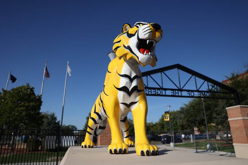 Joliet West’s new Tiger statue sits at the entrance of the newly renovated field on Tuesday, Oct. 3, 2023 in Joliet.