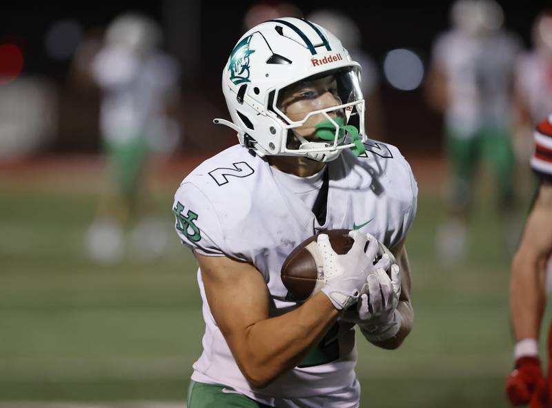 York's Anthony Massel (2) makes a reception during the varsity football game between York and Hinsdale Central on Friday, Oct. 3, 2025 in Hinsdale, IL.