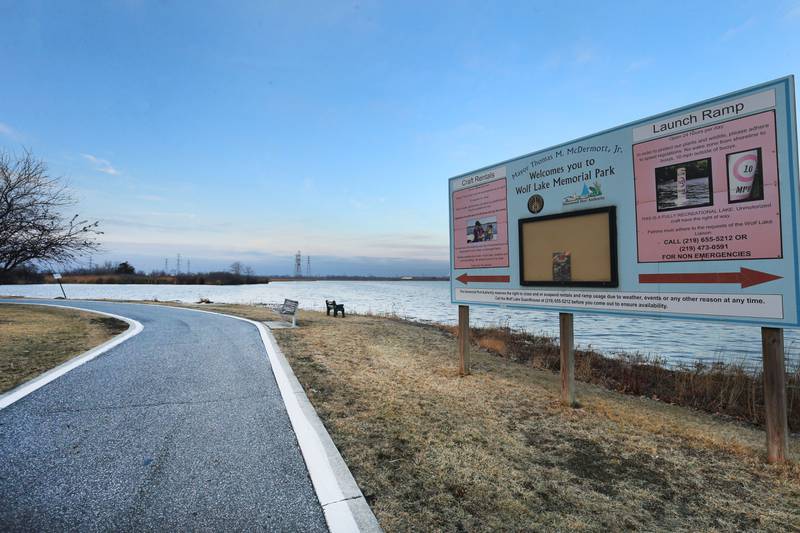 A view of the trail along the Wolf Lake Memorial Park on Saturday, Feb. 21, 2026 in Hammond, Ind. The area is a potential site of the new Chicago Bears stadium.