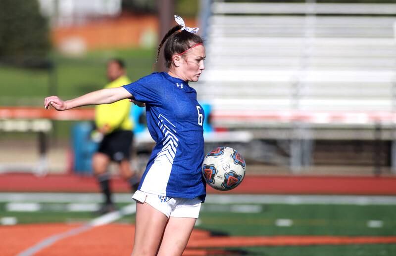 Geneva's Maggie Anderson stops the ball during a Tri-Cities Soccer Night game against Batavia on Tuesday, April 29, 2025 at St. Charles East.