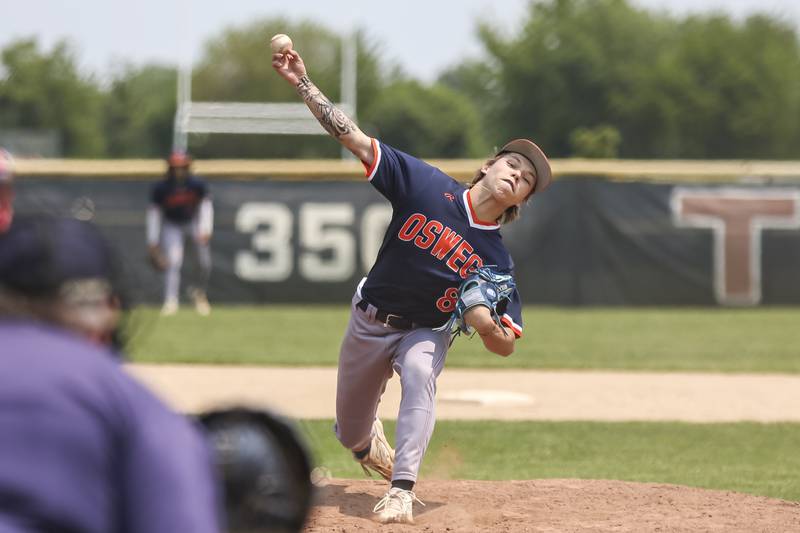 Oswego's Aiden Jaquez (8) throws a pitch during Class 4A Plainfield North Regional final baseball game between Oswego at Plainfield North. Saturday, May 31, 2025 in Plainfield.