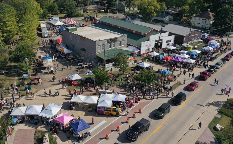 An aerial view of the crowd La Salle County Historical Society Museum during the 55th annual Burgoo Festival on Sunday, Oct. 12, 2025 in Utica.