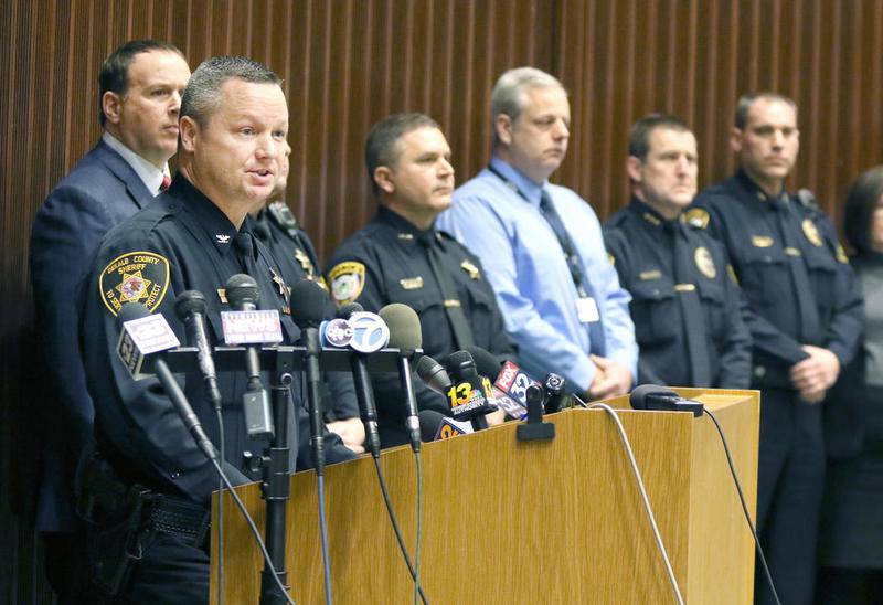 DeKalb County Sheriff's Chief Deputy Andy Sullivan speaks during a press conference announcing the arrest of Jonathan D. Hurst on charges of first degree murder in the killing of Patricia and Robert Wilson of Sycamore.