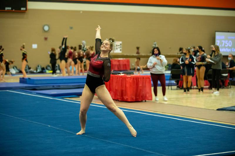 Prairie Ridge gymnast Gracie Willis performs on floor exercise, an event she won two years ago at the IHSA Girls Gymnastics State Meet.