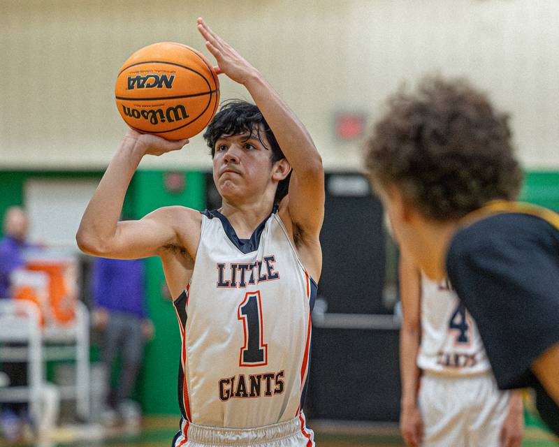 Pedro Lopez (1) of DePue shoots free-throws during game against Reed-Custer in the Shipyard Showdown on Tuesday, December 23, 2025 at Seneca High School in Seneca.