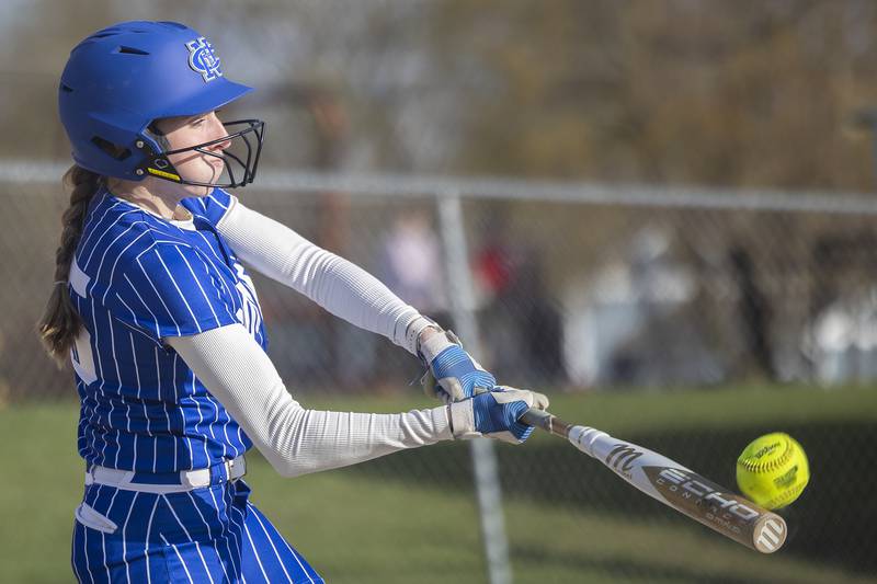 Newman’s Claire Von Holten drives the ball against Hall Monday, April, 21, 2025.