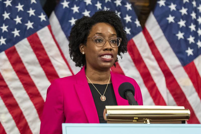 FILE - Rep. Lauren Underwood, D-Ill., speaks during a news conference June 24, 2020 in Washington. U.S. Rep. Lauren Underwood of Illinois had surgery Thursday, Nov. 11, 2021 in Chicago to remove uterine fibroids and will spend the “coming weeks” recovering in Illinois, her office said.  (AP Photo/Manuel Balce Ceneta, File)